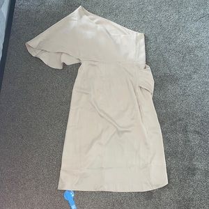 One shoulder, low cut, slit back, silk dress